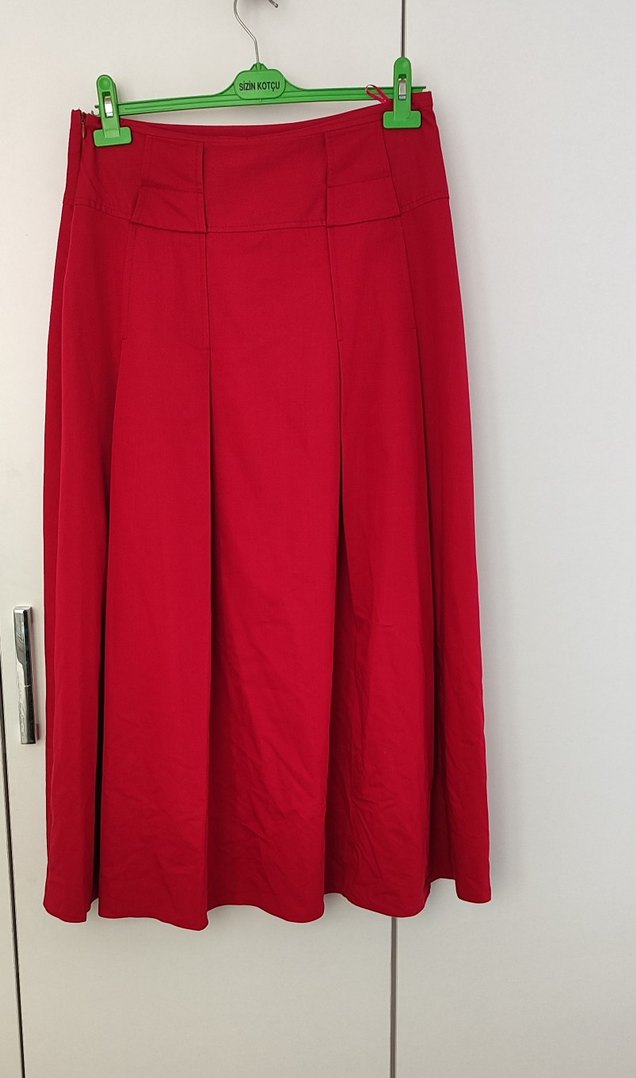Kadın Kırmızı Pilili Midi Etek - Görsel 2