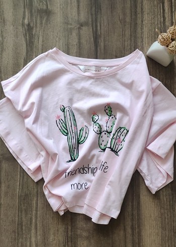 Pudra Rengi Crop Baskılı Pamuklu Tişört