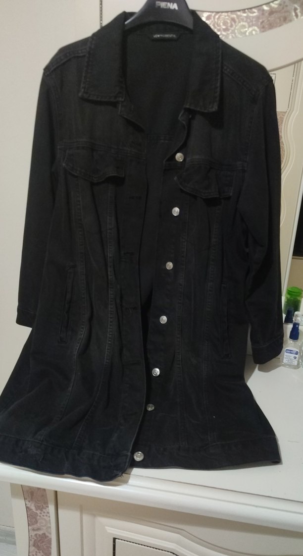 Kadın Siyah Uzun Denim Ceket - Görsel 3