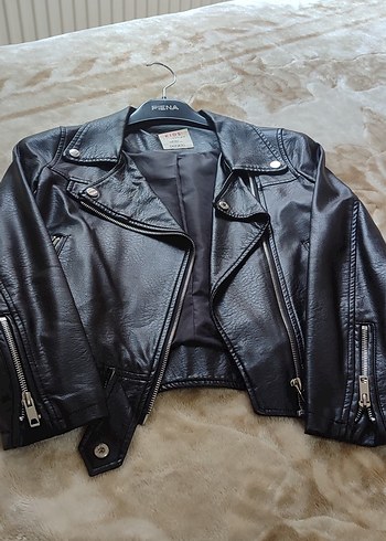 Kısa Siyah Parlak Deri Biker Ceket - Görsel 5