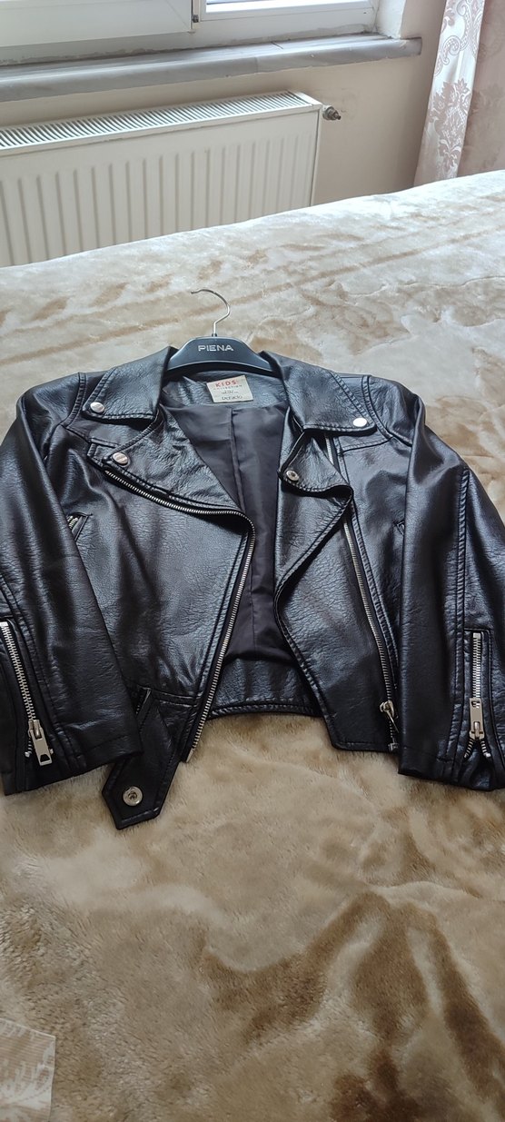 Kısa Siyah Parlak Deri Biker Ceket - Görsel 5