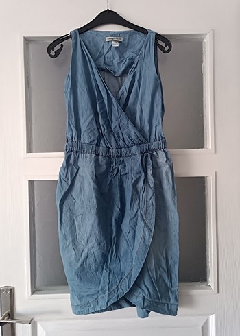 40 Beden mavi Renk Kolsuz V Yaka Kot Midi Elbise