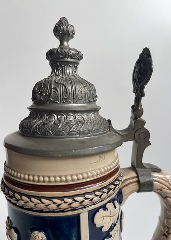 Germany Seramik Kabartma Dekorlu Zinn Kapaklı Kusursuz tankard - Görsel 3