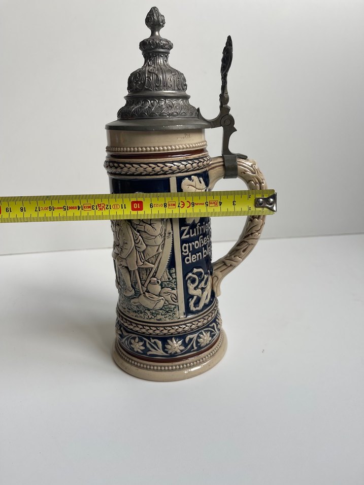 Germany Seramik Kabartma Dekorlu Zinn Kapaklı Kusursuz tankard - Görsel 5