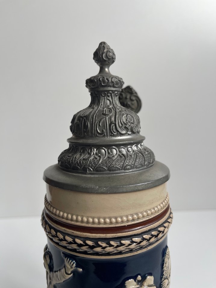 Germany Seramik Kabartma Dekorlu Zinn Kapaklı Kusursuz tankard - Görsel 4