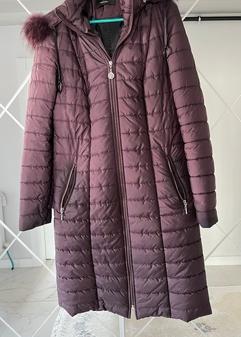 Bordo Uzun Kadın Kışlık Kürklü Mont - Görsel 3