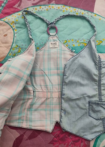 11-12 Yaş Beden gri Renk çocuk Gri Denim Düğmeli Halter Yaka Yelek