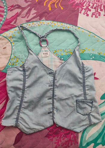 çocuk Gri Denim Düğmeli Halter Yaka Yelek