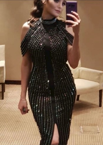 Siyah işlemeli Uzun Abiye Elbise - Görsel 2