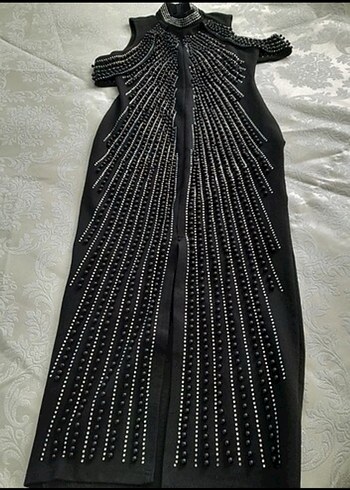 Siyah işlemeli Uzun Abiye Elbise - Görsel 6