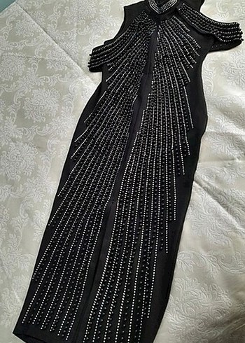 Siyah işlemeli Uzun Abiye Elbise - Görsel 9