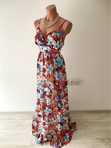 Şifon askılı uzun elbise - Görsel 7