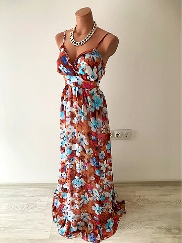 Şifon askılı uzun elbise - Görsel 8