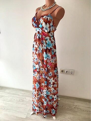 Şifon askılı uzun elbise - Görsel 9