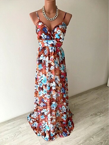 Şifon askılı uzun elbise - Görsel 18