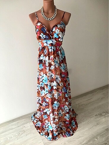 Şifon askılı uzun elbise - Görsel 19