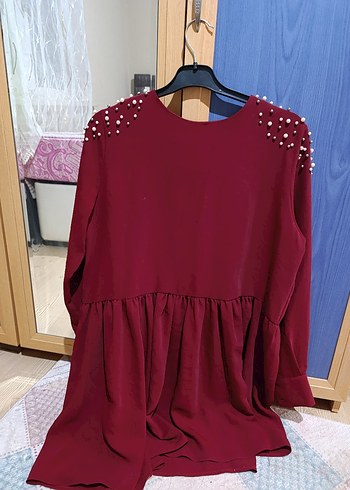 xxl Beden bordo Renk İnci Detaylı Bordo Mini Tunik