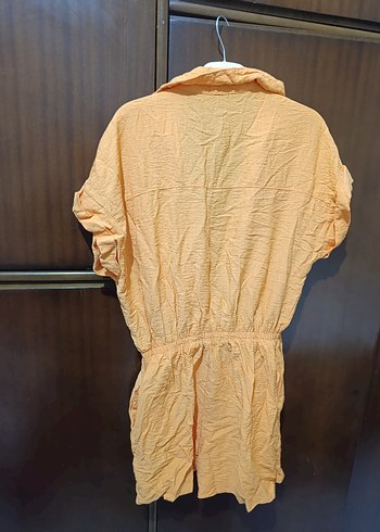 Bej Kısa Kollu Keten Mini Tulum - Görsel 2