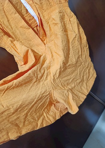 Bej Kısa Kollu Keten Mini Tulum - Görsel 3