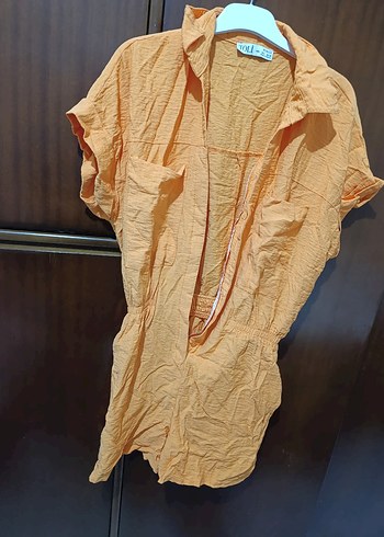 Bej Kısa Kollu Keten Mini Tulum - Görsel 5