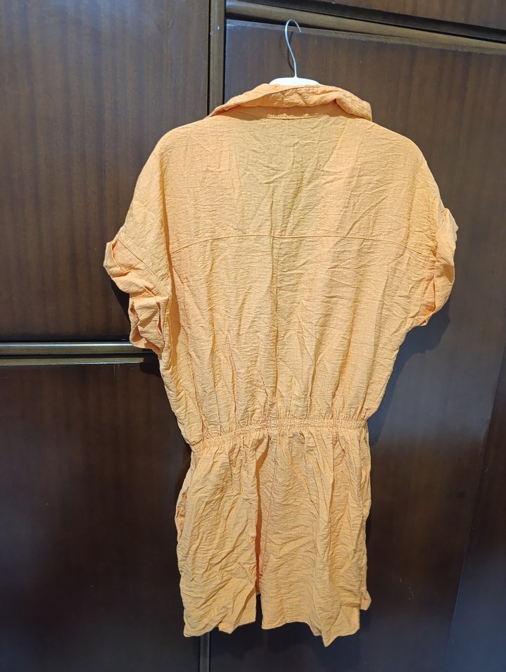 Bej Kısa Kollu Keten Mini Tulum - Görsel 2