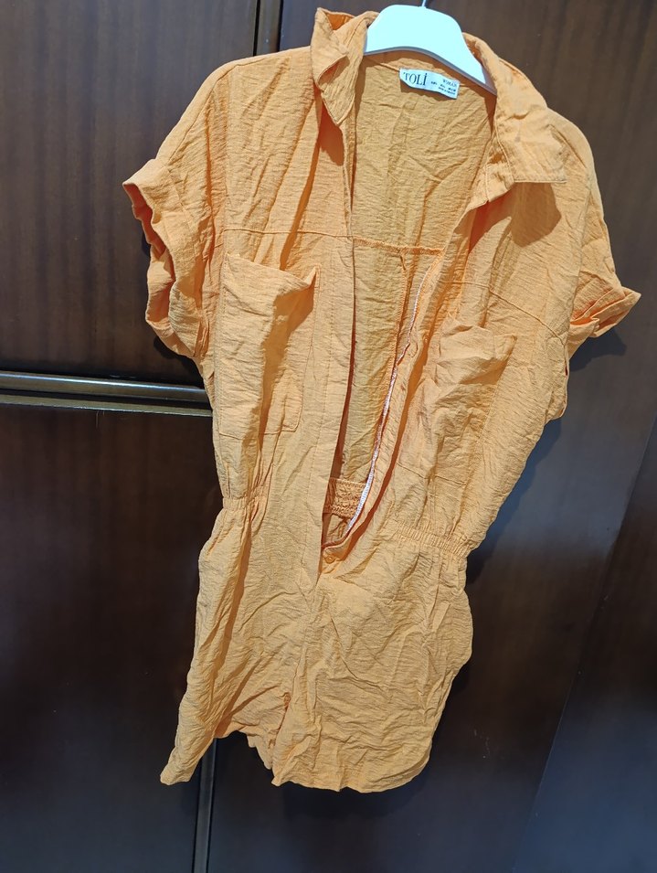 Bej Kısa Kollu Keten Mini Tulum - Görsel 5