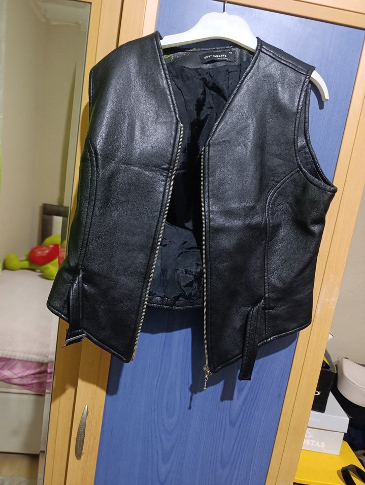 Erkek Siyah Deri Biker Yelek - Görsel 2