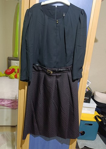 Kemerli Siyah Midi Ofis Elbisesi - Görsel 5