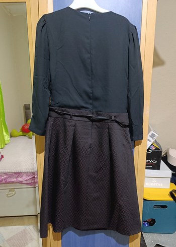 Kemerli Siyah Midi Ofis Elbisesi - Görsel 2