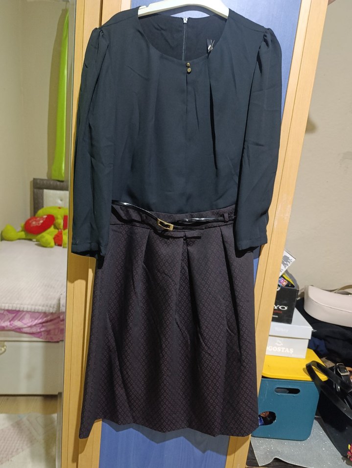 Kemerli Siyah Midi Ofis Elbisesi - Görsel 5