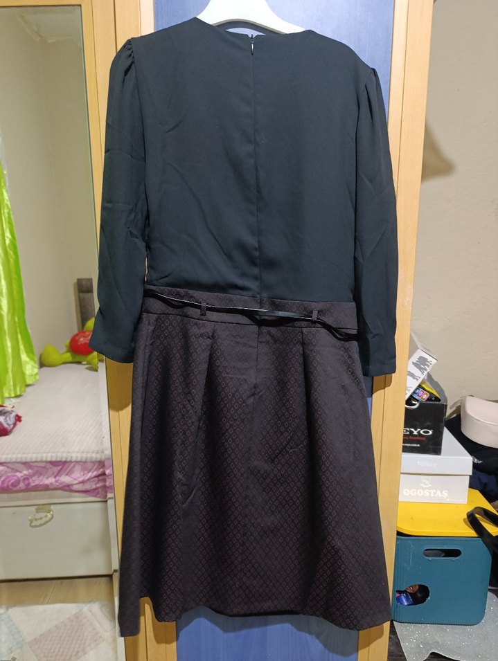 Kemerli Siyah Midi Ofis Elbisesi - Görsel 2