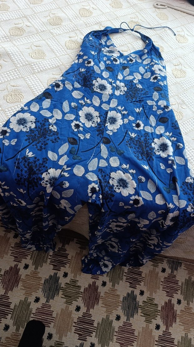 Mavi Çiçek Desenli Bohem Hamile Tulum - Görsel 3