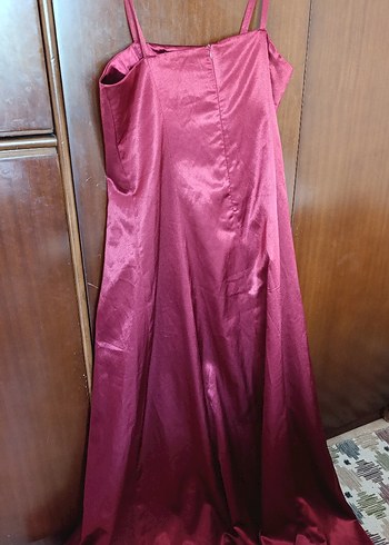 Bordo Saten Uzun Abiye Elbise - Görsel 2