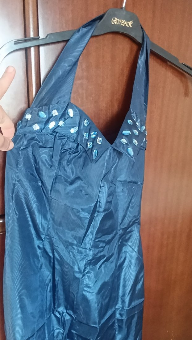 Lacivert Straplez Uzun Drapeli Kadın Abiye - Görsel 3