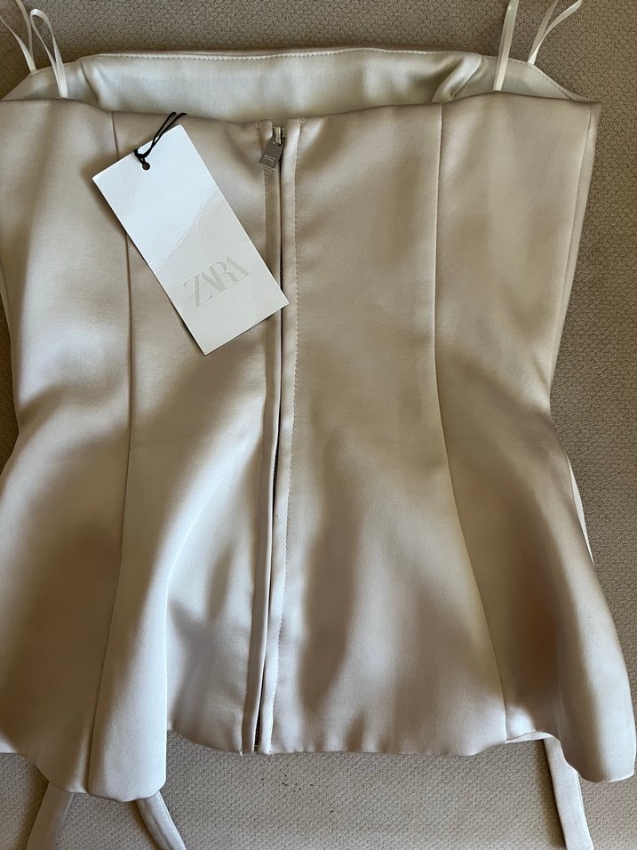 Zara Bej  straplez fiyonklu top - Görsel 4