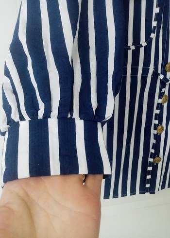 38 Beden lacivert Renk Düğmeli Lacivert Çizgili Uzun Denim Gömlek