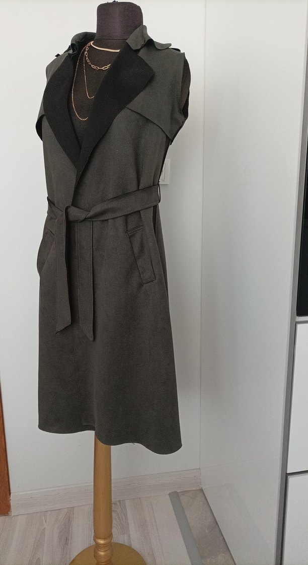 yeşili Süet Kemerli kolsuz Trençkot - Görsel 2