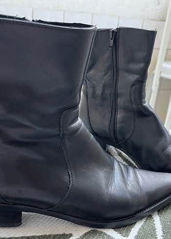 37,5 Beden Siyah Deri Stiletto Topuklu Gotik Bot