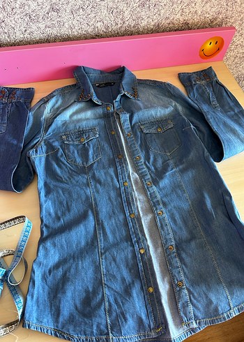 Düğmeli Mavi Denim Kadın Gömlek