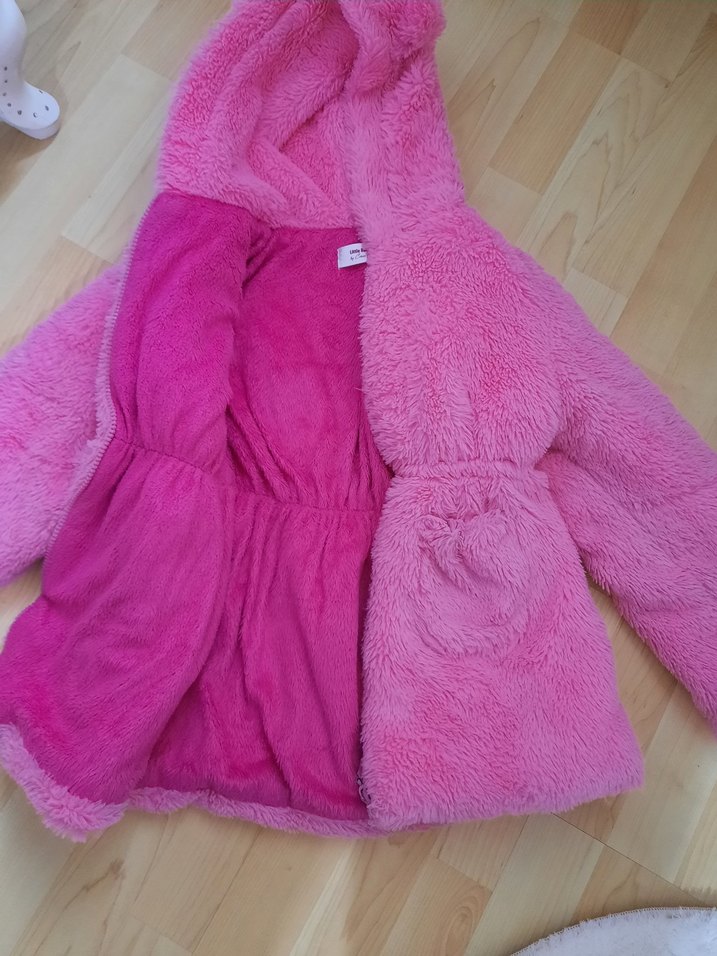 Kız Çocuk Pembe Kürklü Kapüşonlu Mont - Görsel 2