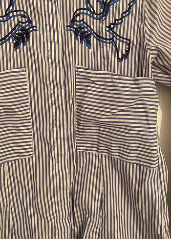 13-14 yaş kız çocuk Nakışlı Düğmeli Uzun Kollu Mavi Gömlek - Görsel 4