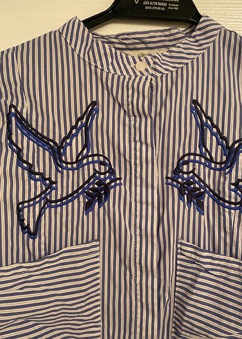 13-14 yaş kız çocuk Nakışlı Düğmeli Uzun Kollu Mavi Gömlek - Görsel 2