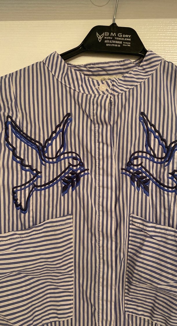 13-14 yaş kız çocuk Nakışlı Düğmeli Uzun Kollu Mavi Gömlek - Görsel 2