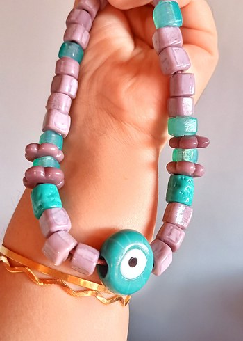 Accessorize Turkuaz Boncuklu ve lila pembe arası bodrum boncuk