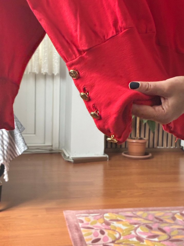 Düğmeli Kırmızı Kadın Sweatshirt - Görsel 4