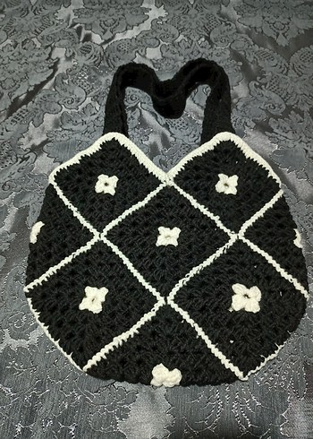 Siyah Kareli Örgü Çanta - Görsel 2