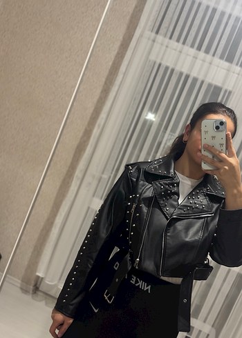 Kadın Siyah Deri Biker Ceket