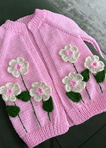 Nakışlı Pembe Kız Hırka ve Saç Bandı - Görsel 2