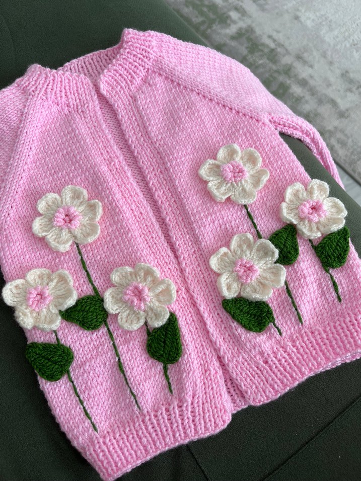 Nakışlı Pembe Kız Hırka ve Saç Bandı - Görsel 2