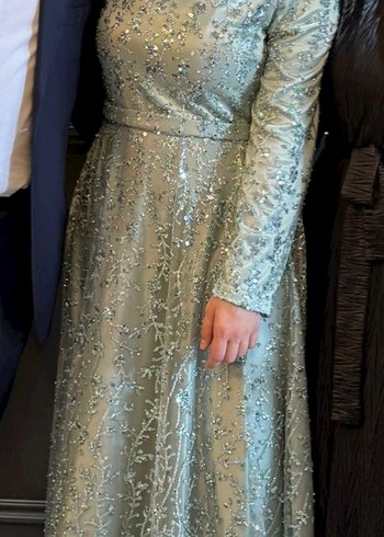 Uzun Kollu Turkuaz Parlak Abiye Elbise - Görsel 3